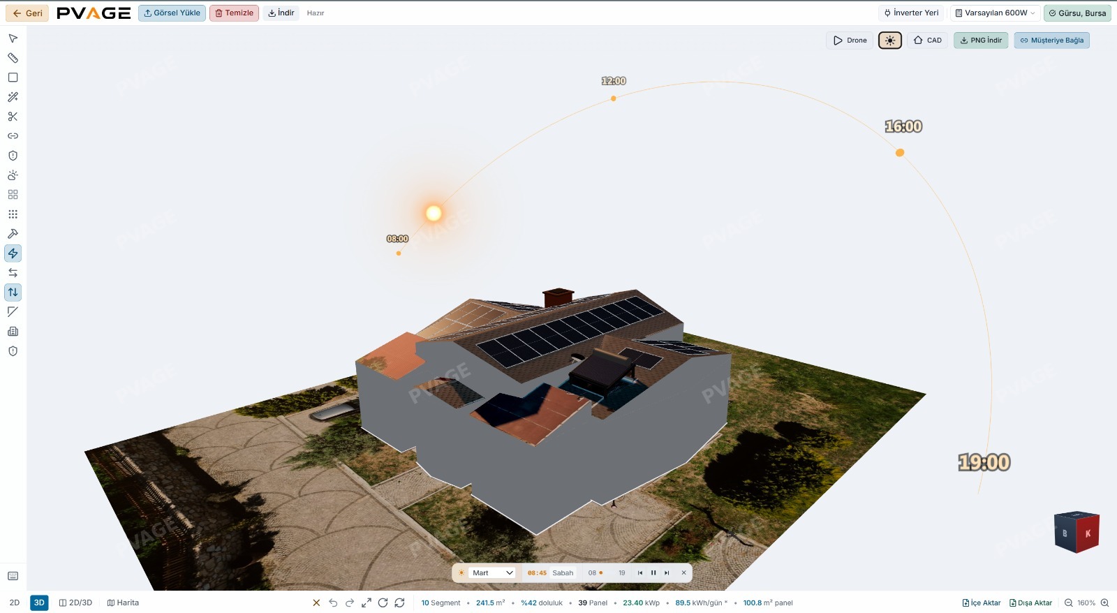 PVAGE 3D çatı tasarımı ve güneş/gölge analizi ekranı